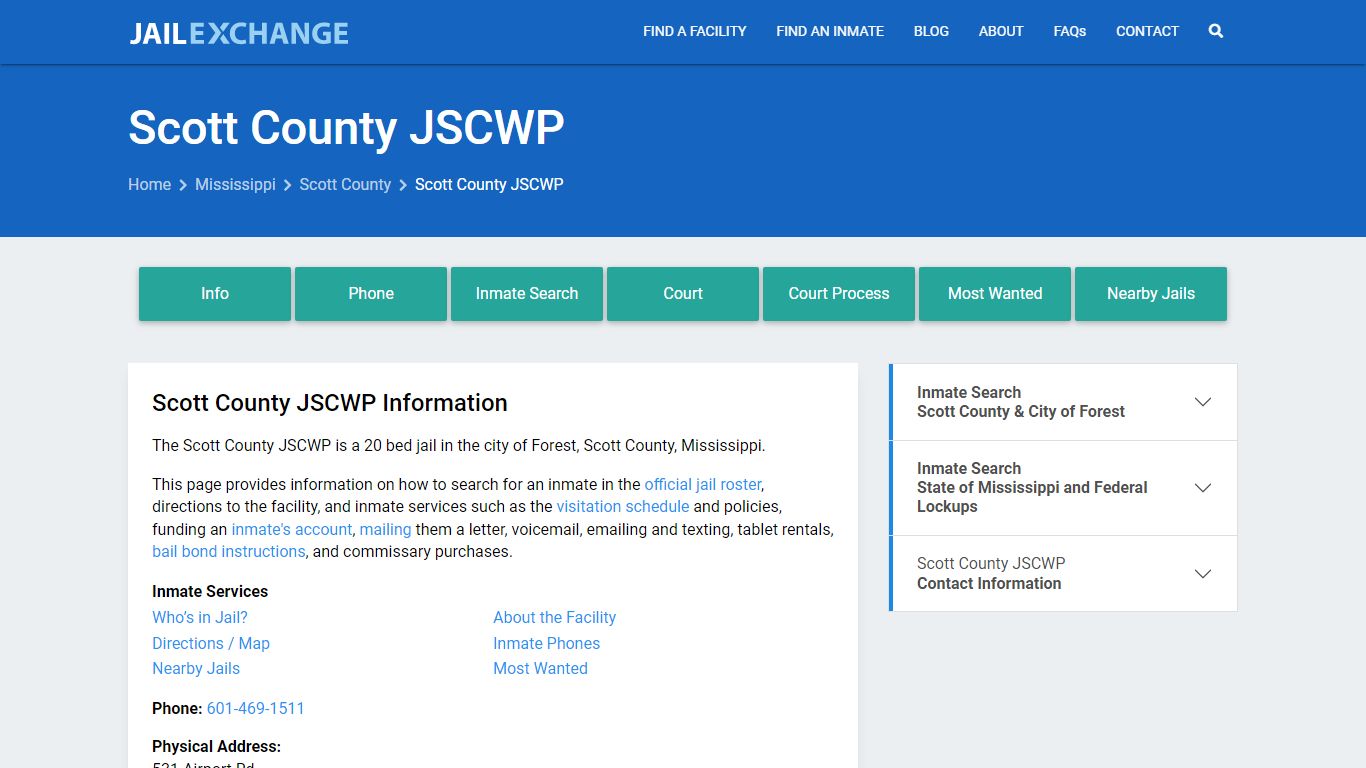 Scott County JSCWP, MS Inmate Search, Information - Jail Exchange